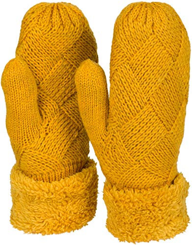 styleBREAKER Damen warme Winter Strick Fäustlinge, Handschuhe mit Rauten Muster, Thermo Fleece, Strickhandschuhe 09010031, Farbe:Curry