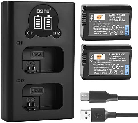 DSTE NP-FW50 Rechargerable Battery (2-Pack) and Smart LED Dual USB Charger Compatible with Sony Alpha a6500, a6300, a6000, a7s, a7, a7s ii, a5100, a5000, a3000
