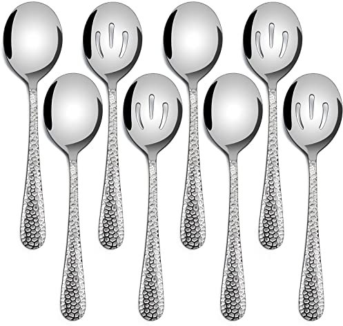 Hammered Serving Spoons, E-far 8-Piece Metal Serving Utensils Set - Solid Spoon x 4, Slotted Spoon x 4, Stainless Steel Hostess Tablespoons Set Serve for Catering Buffet Party Kitchen Restaurant