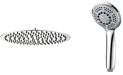 Ibergrif M20298 M20298-Soffione Doccia A Pioggia, Docce Fisso, 10 Pollici, Cromo, Acciaio, Argento, 25 Cm & Grifema, Doccetta Telefono Universale Con 5 Getti, Manopola Doccia, Cromo