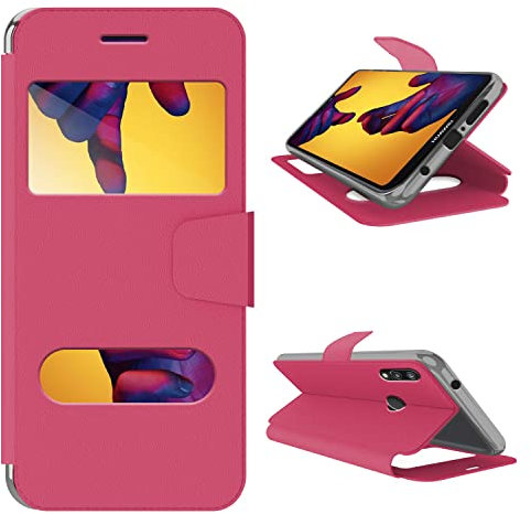 N NEWTOP Cover Compatibile per Huawei P20 Lite, HQ Windows Notifiche Display Risposta Finestra Custodia Libro Flip Magnetica Simil Pelle Stand Protettiva (Fucsia)