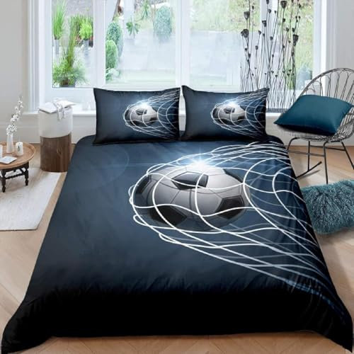 XLYYDS Housse de Couette 220x240 Football Noir et Blanc, Parure de Lit 2 Personnes Imprimée en Microfibre avec Fermeture éclair et 2 Taies d'oreiller 65x65 cm