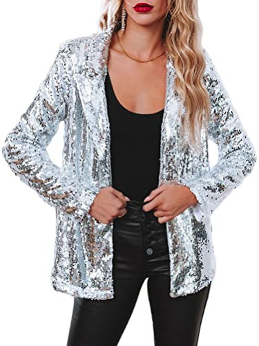 Onsoyours Damen Glänzend Pailletten Jacke Cardigan Langarm Bolero Tops Kurz Oberteile Eleganter Blazer Glitzer Party Outfits Clubwear A Silber XL
