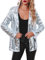 Onsoyours Damen Glänzend Pailletten Jacke Cardigan Langarm Bolero Tops Kurz Oberteile Eleganter Blazer Glitzer Party Outfits Clubwear A Silber XL