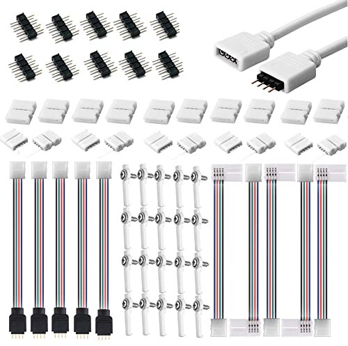 euroharry 56 LED-Streifen-Anschluss-Kit für 5050 10 mm 4Pin, Enthält 7 Arten von lötfreiem LED-Streifen-Zubehör Bietet die meisten Teile für Heimwerker (0.3m Verlängerungskabel)