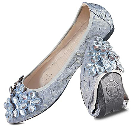 MACHSWON Womens Ballet Flat Black Pumps Ladies Bride Dolly Ballerina with Sparkly Rhinestone Work Office Formal Comfort Pointed Toe Slip On Wedding Flats Shoes(Blue, Size 5)