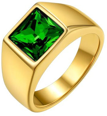 GoldChic Geburtsstein Ring für Herren Männer Gravierbarer Zirkon Ring mit Eigenem Namen 316L Edelstahl Vintage Breit Zirkon Siegelring Männer Fashion Schmuck in Gold Ringgröße 54.4（17.3）