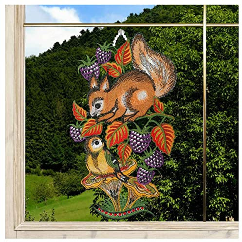 DSD Design-Studio Drechsler Gesticktes Fensterbild Eichhörnchen und Vögelchen Fenster-Dekoration Plauener Spitze Herbst-Motiv lila
