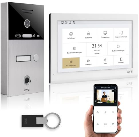GVS - IP Video Türsprechanlage mit Türöffner, Fingerprint & RFID, HD Kamera, 1x 10 Zoll Monitor & App - Smarte Video Türklingel mit Kamera & Gegensprechanlage für 1 Familienhaus (AVS5428A)