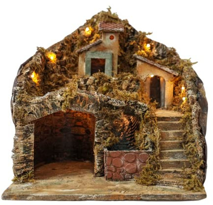 Mondo in Casa Beleuchtete Weihnachtskrippe mit Hütte und Höhle für handwerkliche Figuren, mit Wasserfall komplett mit Roller.