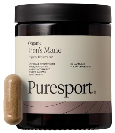 Puresport High Strength Lion's Mane Mushroom Supplement, 60 Caps | High-strength functional mushroom for focus, memory, clarity & brain support, vegan, natural daily nootropic capsule