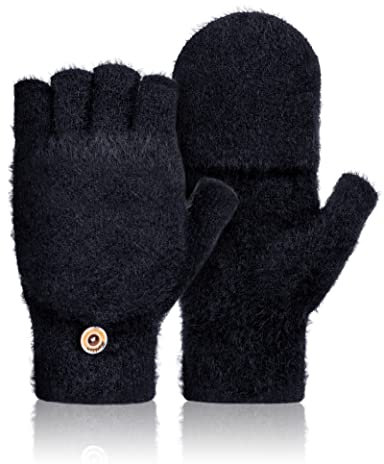 Fingerlose Handschuhe Damen, Winter Convertible Fäustlinge Handschuhe Plüsch Half Finger with Flip Top Handschuhe Warm Sport Fingerhandschuhe für Damen Herren und Teenager