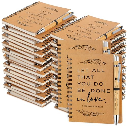Kosiz 100 Pcs/ 50 Set Christian Gift Bulk Spiral Notebook and Pen, Brown