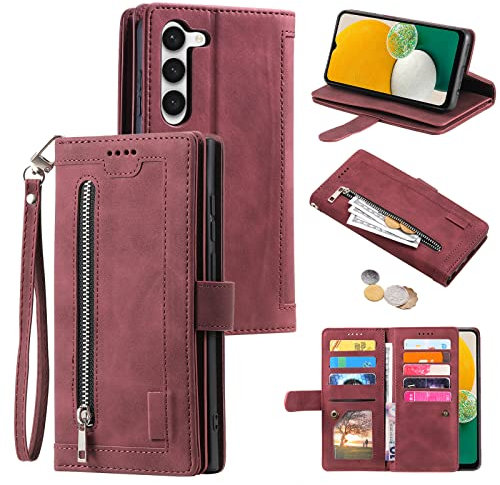 EYZUTAK Coque pour Samsung Galaxy S23 5G, Etui à Rabat en Cuir Fermeture à Glissière Magnétique Portefeuille avec 9 Emplacements pour Cartes Fonction Stand Etui en Cuir Mat Rétro-Rouge foncé