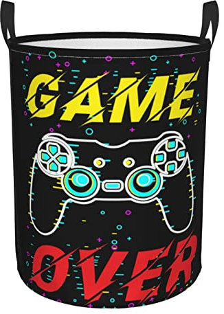 Videospiel-Controller-Hintergrund, runder Wäschekorb, Gaming-Gadget-Aufbewahrungskorb, Spielzeug, Kleidung, Organizer, Behälter für Zuhause, Badezimmer, Schlafzimmer, Wohnheim, 62 l