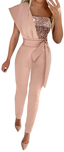 Einfarbiger Jumpsuit für Damen, elegant, Sommer, One-Shoulder-Overall, konischer Strampler mit Gürtel, rose, 38