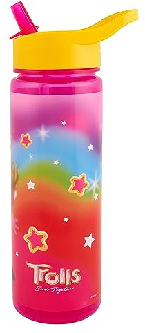 Trolls 3 Band Together Water Bottle Flip Up Straw 600ml – Official Merchandise by Polar Gear – Kids Reusable Non Spill - BPA Free - Recyclable Plastic - Ideal For School Nursery Sports Picnic