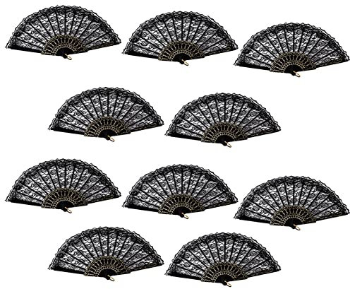 MoreChioce 10 abanicos de mano plegables de encaje floral, elegantes abanicos plegables florales de rosas vintage retro estilo chino para actuaciones en festivales, fiestas, regalos, color negro