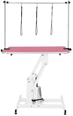 Hydraulischer Hundepflegetisch Höhenverstellbar Profi Trimmtisch | für Tiere bis zu 180kg | 106 x 61cm Gummioberfläche, 4 anpassbare Stallfüße & 3 Schlaufenleinen [Weißer Rahmen & Rosa Tisch]