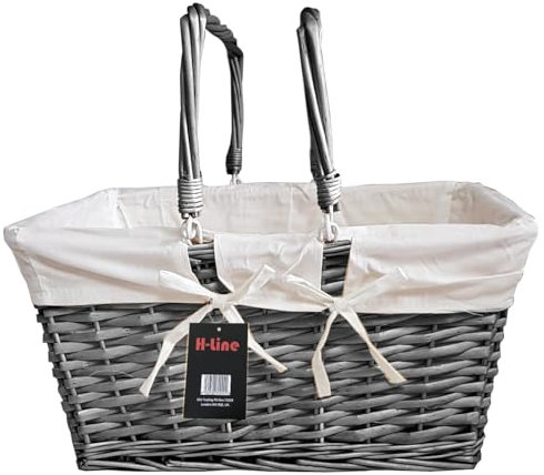 H-LINE Traditional Split Willow Shopping Basket with Folding Handles Vintage Storage Wicker Christmas Hamper (Grey, Rectangular)