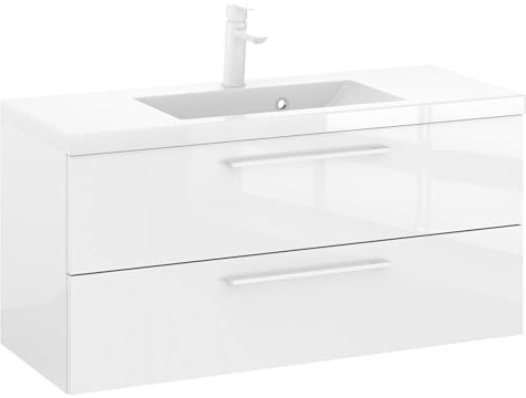 Furni Rosen 100 cm Hängend Waschbecken mit Unterschrank und Eleganten Weißen Griffen Waschbeckenunterschrank Badezimmer Waschtisch mit Unterschrank Waschtischunterschrank
