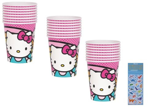 Unique Hello Kitty Birthday Party Supplies Bundle includes 24 Party Paper Cups and 1 Dinosaur Sticker Sheet