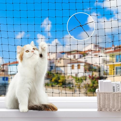 Lewondr Katzennetz für Balkon, 8x3m Katzennetz Drahtverstärkt, Katzenschutznetz Witterungsfest mit Befestigungsseil, Nägel, Kabelbinder, Schutznetz Katzen für Balkon, Fenster, Treppe, Terrasse