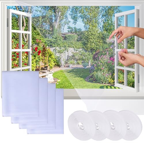 4 Stück Fliegengitternetze für Fenster, Zuschneidbar 150x180cm Selbstklebendes moskitonetz fenster, mit selbstklebendem doppelseitigem Klebeband und Cutter, hält Käfer/Fliegen-Weiß