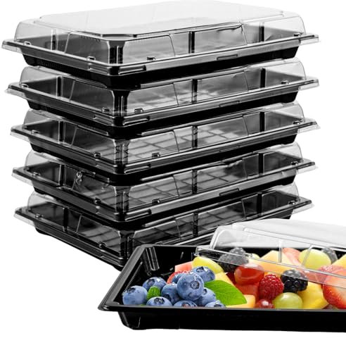 WOPPLXY 50 bandejas para servir con tapa, 28,5 x 18,6 x 4,5 cm, reutilizables, cajas de preparación de comida de plástico PET para sushi, sándwiches, frutas y platos