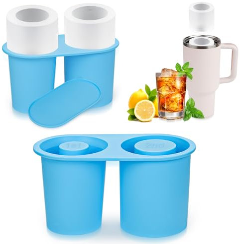 Silicone Ice Cube Tray with Lid for Stanley Cup 30oz 40oz, 2-Cavity Rubber Cylinder Ice Block Tray for Freezer, Tumbler Ice Maker Ice Template for Making Summer Ice Drinks (Blue)