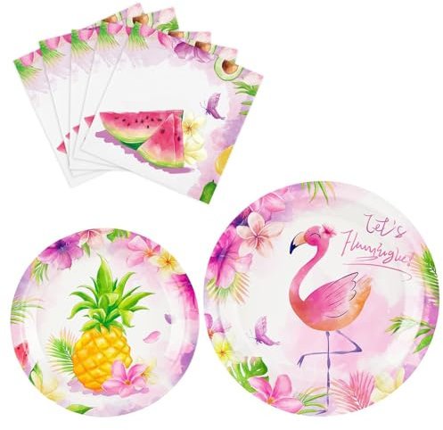 WERNNSAI 48PCS Flamingo Party Supplies Tropical Hawaiian Luau Party Decorations Party Plates Napkins Tableware Set for Kids Girls Baby Shower Birthday Party Decor Serves 16 Guests