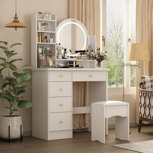 Caldion Schminktisch mit LED-Beleuchtung,Frisiertisch mit Rundem Spiegel,Kosmetiktisch mit Hocker und Regalen, 5 Schubladen, Kosmetikkommode Schlafzimmer,Wohnzimmer,80x36x135cm, Weiß