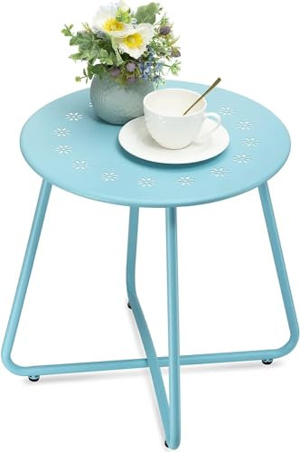 danpinera Outdoor Beistelltische mit Blumenausschnitten, Wetterfester Stahl Patio Beistelltisch, Kleiner Runder Outdoor Beistelltisch, Metall Beistelltisch für Patio, Hof, Balkon, Garten, Blau