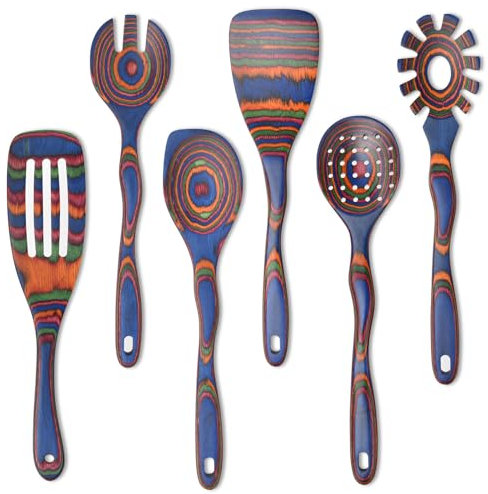 Pakkawood - Set di 6 utensili da cucina ESSBES per pentole antiaderenti, cucinare, mescolare, servire, sani, ad alta resistenza all'umidità, cucchiai in legno per regali