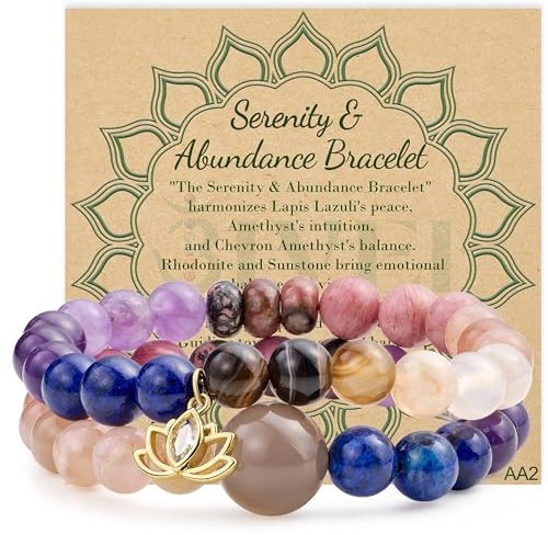 Bivei Kristall Armbänder - Frauen 8mm Natural Reiki Semi Precious Edelstein Chakras Bead Stretch Armband mit Lotus Charm(17cm Serenity & Abundance Bracelet)