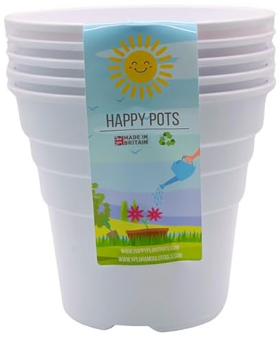 Happy Pots ECO 12.5cm Gloss White - Pack of 5 Premium Plastic Plant Pots - Reusable Flower Pots for Indoor/Outdoor Home Décor Gardening - Round, Heavy Duty, UV Resistant, Recyclable - Made in UK
