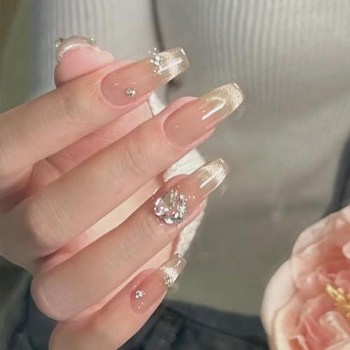 Cat Eye Press On Nails - 24Pcs Fake Nails with Diamonds Design - False Nails with Glue - Long Coffin Shaped Elegant French Ballet Luxury Design Fake Nails for Women Girls Nails Art