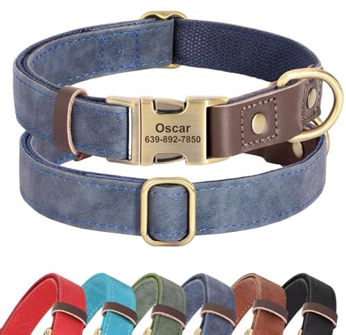 Didog Personalised PU Leather Dog Collar, Soft Durable Custom Dog Collars, Adjustable Dog Collar with Name Plate and Quick Released Metal Buckle for Small Medium Large Dogs, Blue, L