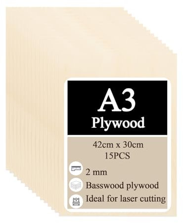 FWEEK 15 Stück A3 Sperrholzplatte 2mm, 420x300mm A3 Sperrholz-Platten, Bastelholz Platten Lindenholz Unfertige Sperrholzplatte für DIY Holzarbeiten, Laserbearbeitung, Modellbau, Gemälde