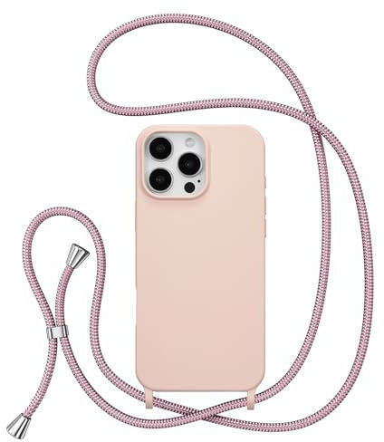 ZTOFERA Crossbody Lanyard Case for iPhone 16 Pro, Liquid Silicone Protective Phone Case with Strap Adjustable Neck Cord Necklace Soft Cover for iPhone 16 Pro, Pink