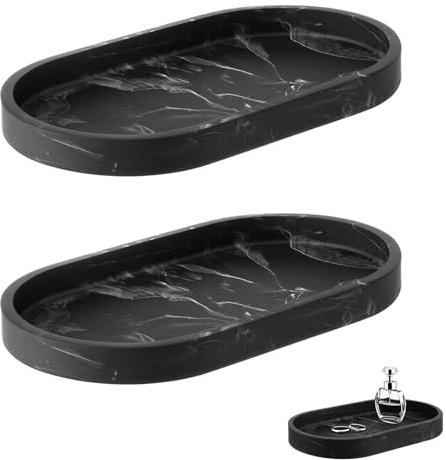 2 Bandeja Decorativa de Resina con Diseño de Mármol Negro para Pequeños y Uso Diario(ovaladas, 25 x 11 x 2 cm, Tinta Negra)