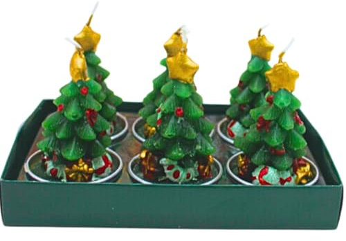 Dekohelden24 Lot de 6 bougies chauffe-plat en forme de sapin de Noël - Avec paquets et étoile dorée comme pointe verte - Contenu de la livraison : 6 bougies figurines, dimensions de chaque bougie