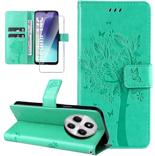 Dcjlbo Cover per Xiaomi Redmi 14C Custodia Cover in Pelle Portafoglio a Libro con Pellicola Vetro Temperato Porta Carte Magnetica Cover Flip Case Antiurto Custodia-Verde