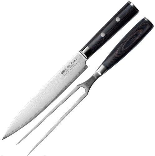 Culinaris Messer-Set - Tranchiermesser CDM-07 + Fleischgabel CDM-08 | Damaszenerstahl | Griffe aus braunen Pakkaholz, zweifach genietet und ergonomisch geformt