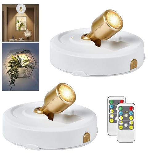 RAHAN 2Pack Battery Operated Spotlight, Picture Light with Remote Dimmable & Timer, Plants Uplighting Picture Lights for Paintings, Small LED Spot Display Lights for Wall Frame Artwork Dartboard