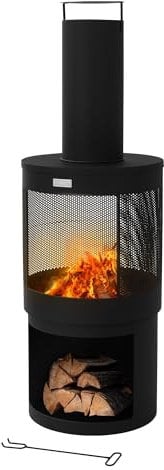 ML-Design Chimenea de Jardín 131 x 45 cm Redonda de Acero Negro, Estufa de Terraza para Exterior con Atizador, Techo Desmontable y Compartimento para Leña, Fogata Brasero Hoguera para Camping