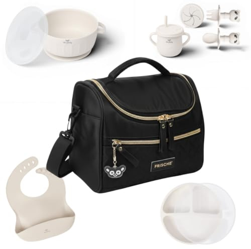 NiryKely Kit Repas Nomade Bébé Complet avec sac isotherme Assiette Ventouse Compartimentée, Bol, Tasse d’Apprentissage, Couverts, Bavoir – Sans BPA dès 6 Mois (Beige)