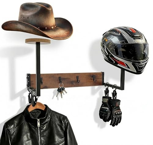 GHWMYD Helmhalterung Wand mit 2 Huthalter zum Aufhängen von Motorradzubehör | Small Motorrad Garderobe 43 cm mit 5 Haken, 4 Clips für Motorradhelm, Jacke, Handschuhe, Fahrradhelm, Schutzhelm Organizer