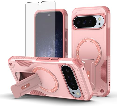 ELISORLI Phone Case for Google Pixel 10/Pixel 10 Pro Compatible with Magsafe Tempered Glass Screen Protector Cell Cover Stand Rugged Shockproof Heavy Duty Magnetic Protective Pixel10 10Pro Women Pink