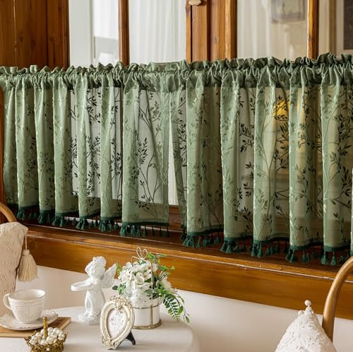 Tolldek Gardine Bistrogardine Jacquard Schmetterlinge, Grün, 100 x 45 cm Bistrogardine, Lichtdurchlässig, Blatt Muster, Einfache Anbringung, Dekorativer Akzent